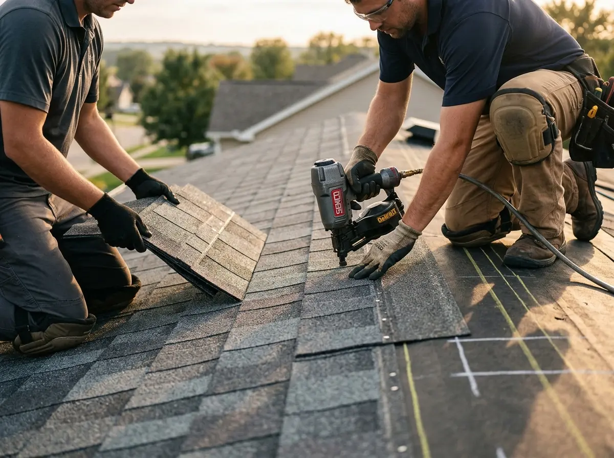 Professional roofer working on a residential roof in Waukee